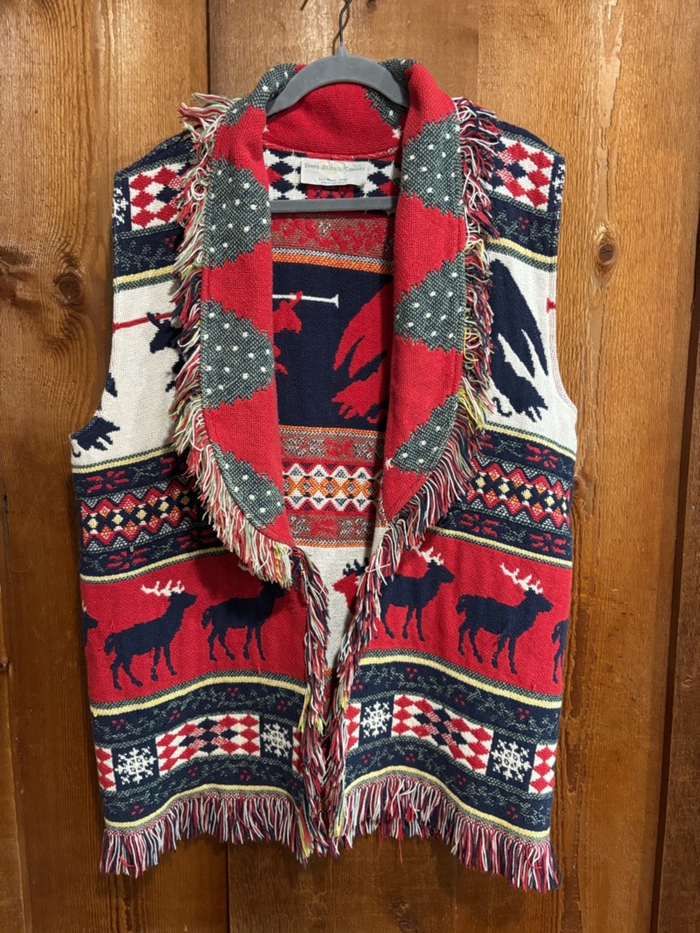 VTG Every Stitch Counts Christmas Tapestry Vest Blanket Fringe Reindeer Angels L
